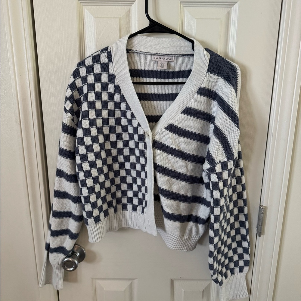 Sincerely Jules Blue & White Checkered Striped Cardigan Size XL